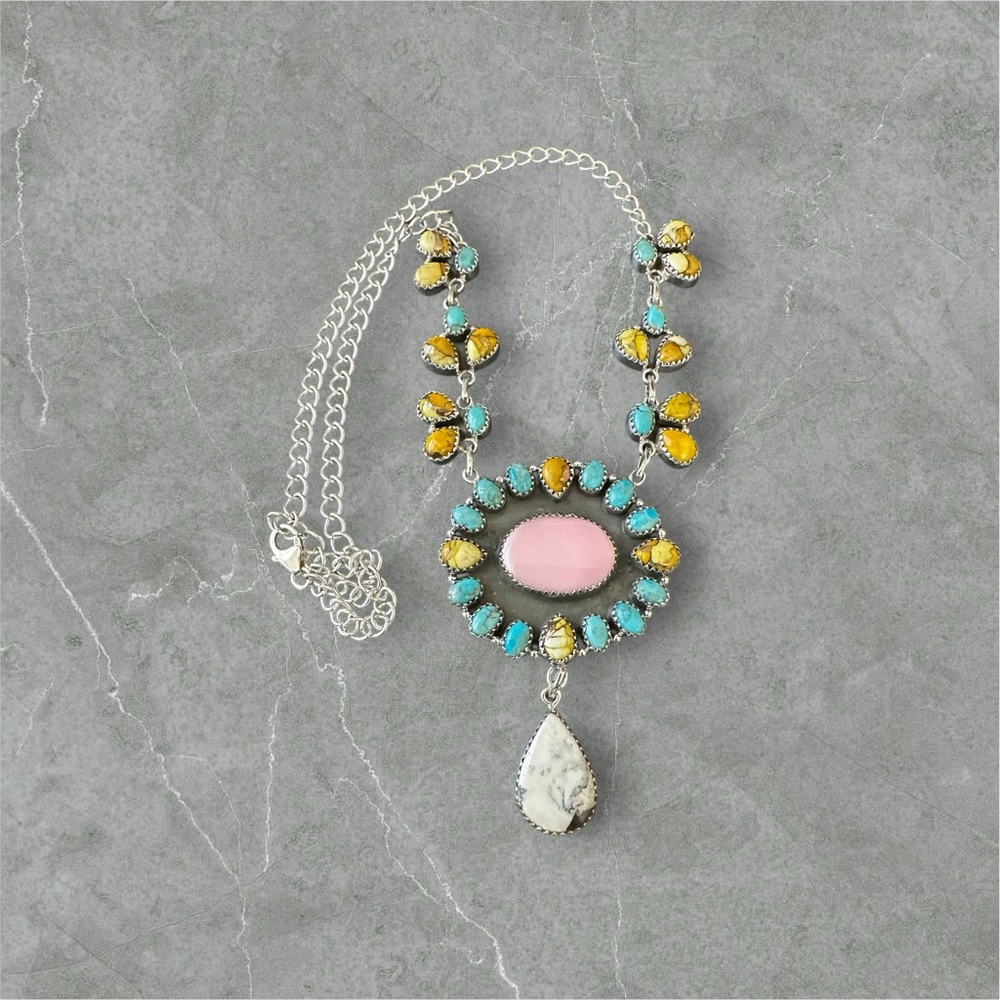 Honey Dahlia Turquoise, Kingman Turquoise & Conch Solid Sterling Silver Necklace - Picture 12 of 15